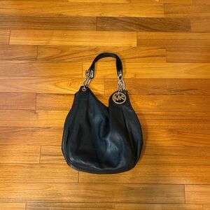 Michael Kors Black Leather Hobo Bag with Silver Accents